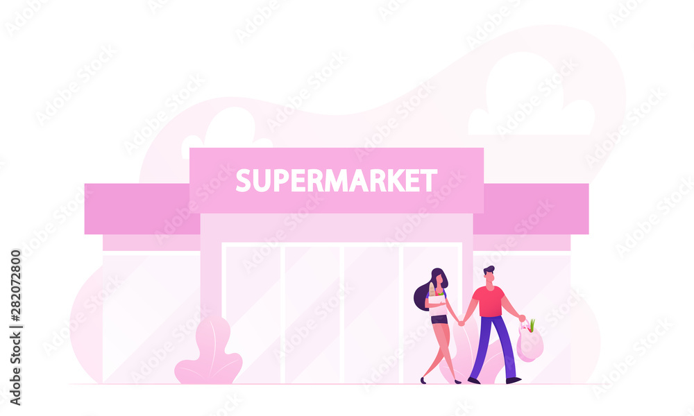 People Leaving Supermarket with Shopping Bags Full of Products. Happy Loving Couple Making Purchases in Store. Family Buying Food on Weekend Spending Time Together Cartoon Flat Vector Illustration People Leaving Supermarket with Shopping Bags Full of Products. Happy Loving Couple Making Purchases in Store. Family Buying Food on Weekend Spending Time Together Cartoon Flat Vector Illustration