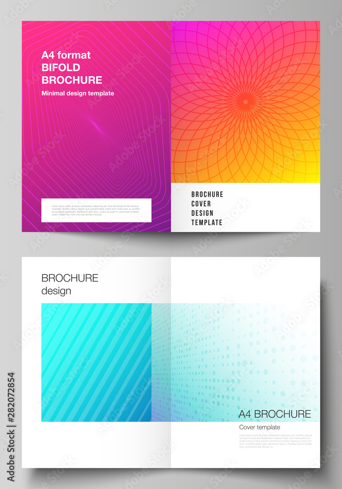 Fototapeta premium Vector layout of two A4 format modern cover mockups design templates for bifold brochure, magazine, flyer, booklet, annual report. Abstract geometric pattern with colorful gradient business background