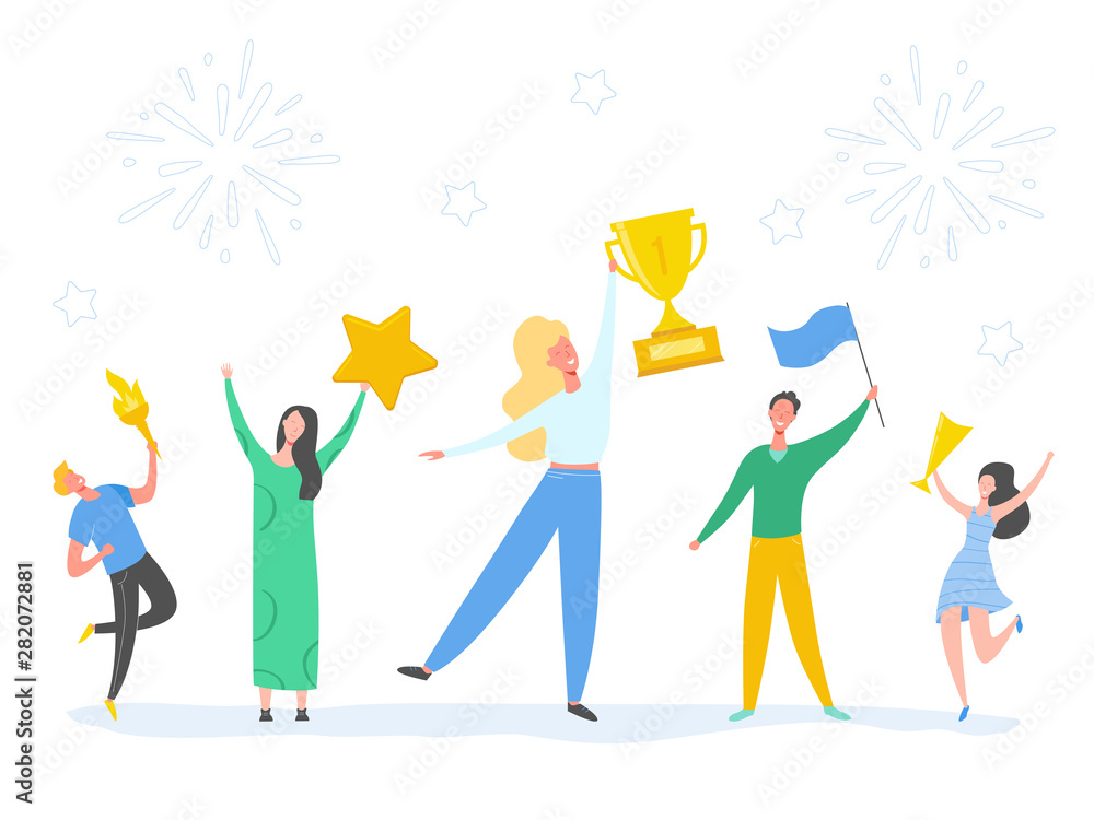 Set of Man and Woman celebrating victory, achieving reward, prize. People Success vector concept illustration. Business leader characters. Businessman and businesswoman winning trophy Set of Man and Woman celebrating victory, achieving reward, prize. People Success vector concept illustration. Business leader characters. Businessman and businesswoman winning trophy