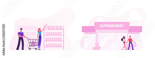 People Visiting Supermarket Set. Happy Couple Man and Woman Choosing Products in Store, Characters Leaving Shop with Full Bags. Shopping, Family Every Day Routine. Cartoon Flat Vector Illustration