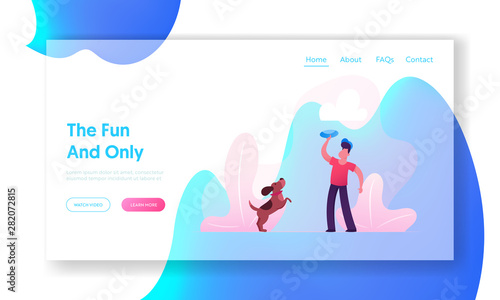 Boy Walk with Dachshund Dog Outdoors Website Landing Page. Male Character Playing Frisbee with Pet Spending Time at Summertime Park with Home Animal Web Page Banner. Cartoon Flat Vector Illustration