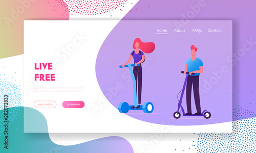Eco Transport Website Landing Page. People Riding Modern Transporters Hoverboard or Self-balancing Board, Electric Unicycle, Motorized Kick Scooter Web Page Banner. Cartoon Flat Vector Illustration