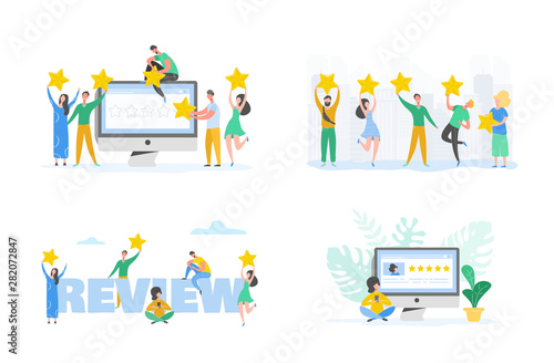 Review concept illustration. Woman character writing good feedback with gold stars. Customer rate services and user experience using laptop. Five stars positive opinion. Vector cartoon