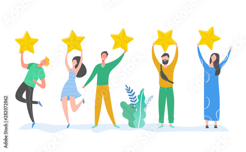 People characters holding gold stars. Men and women rate services and user experience. Juries rating in the competition. Five stars positive review or good feedback. Vector cartoon illustration