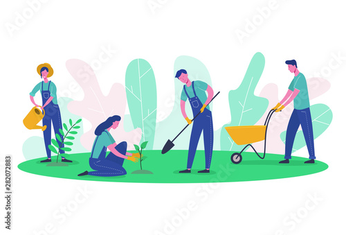 People characters Gardener and Farmer Work in Garden. Woman Harvest Tree, Female Planting green, Man digging. Flat Cartoon Vector Illustration clean ecology and garden tools