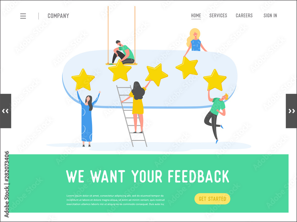 Landing page template review concept illustration. Woman and man characters writing good feedback with gold stars. Customer rate services for website or web page. Five stars positive opinion. Vector