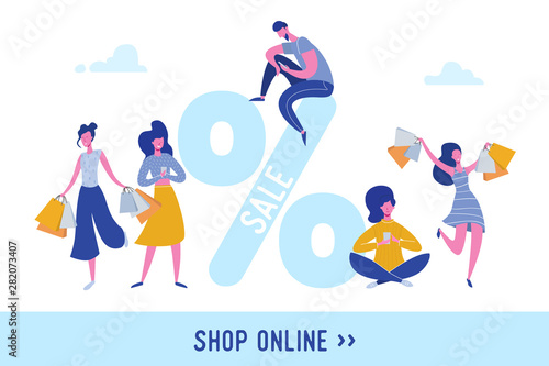 Woman with Shopping Bags and Presents. People Characters, Big sale, Discount and Advertising Banner, Flyer, Black friday, promo Poster Concept illustration in vector