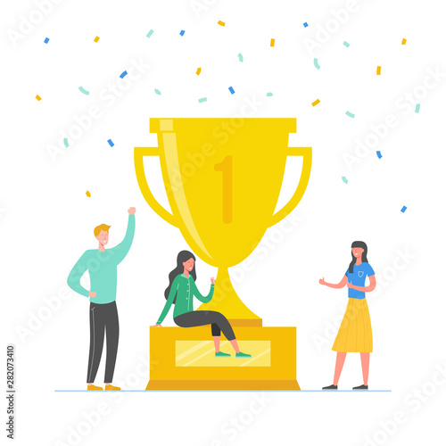 Team Success vector concept illustration. Business leader people celebrating victory. Man and woman achieving reward. Businessman and businesswoman winning trophy. Victory prize
