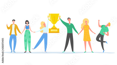 Team Success vector concept illustration. Business leader people celebrating victory. Man and woman achieving reward. Businessman and businesswoman winning trophy. Victory prize