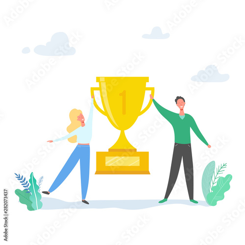 Team Success vector concept illustration. Business leader people celebrating victory. Man and woman achieving reward. Businessman and businesswoman winning trophy. Victory prize