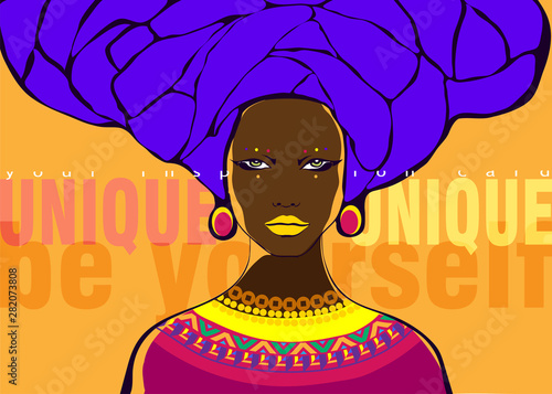 Conceptual fashionable illustration. Female portrait in ethnic style. Graphic art