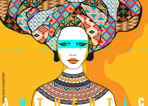 Conceptual fashionable illustration. Female portrait in ethnic style. Graphic art