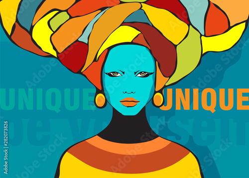 Conceptual fashionable illustration. Female portrait in ethnic style. Graphic art