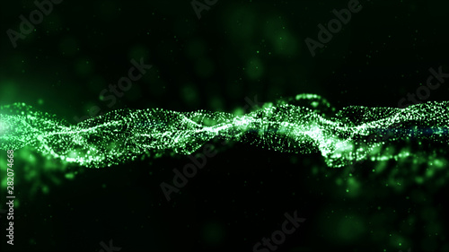 Fototapeta Naklejka Na Ścianę i Meble -  Digital particles green color wave flow abstract background
