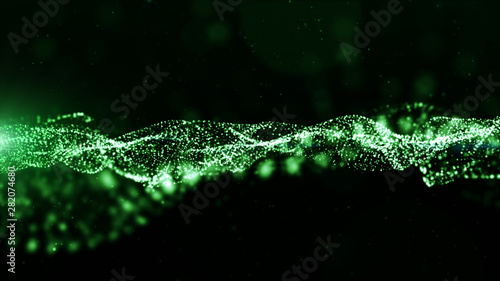 Digital particles green color wave flow abstract background