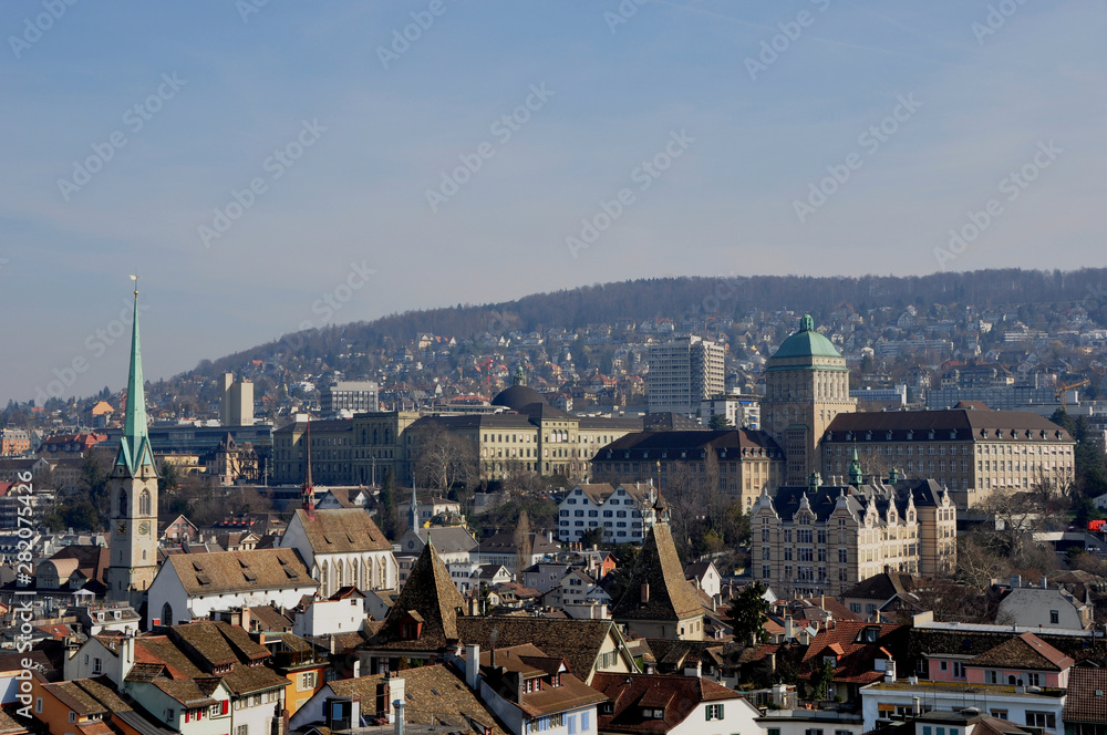 The old town of Zürich from the Grossminster Tower viewing the university and the  federal institut of technology (eth).