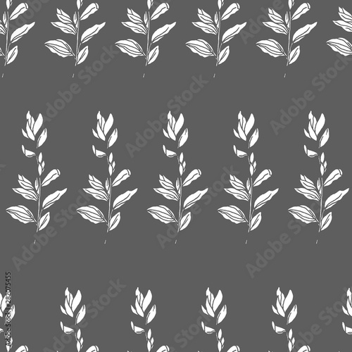 Hand drawn ink white branch with leaves on grey background pattern