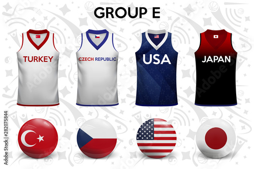 Basketball shirts. Set of T-shirts and flags of the national teams. Vector illustration.