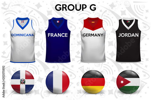 Basketball shirts. Set of T-shirts and flags of the national teams. Vector illustration.