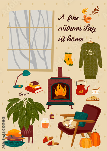 Autumn illustration with homely cute things. Vector design
