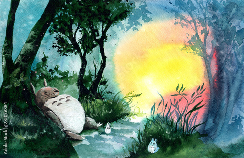 Watercolor picture of sleeping  Totoro in green forest Fototapeta