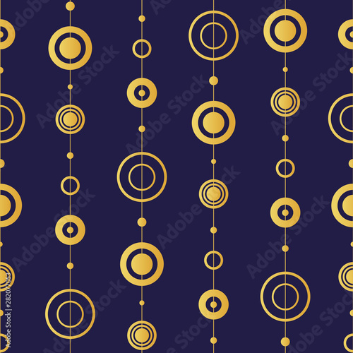 Abstract circles repeat seamless pattern, gold gradient on a dark purple - blue background