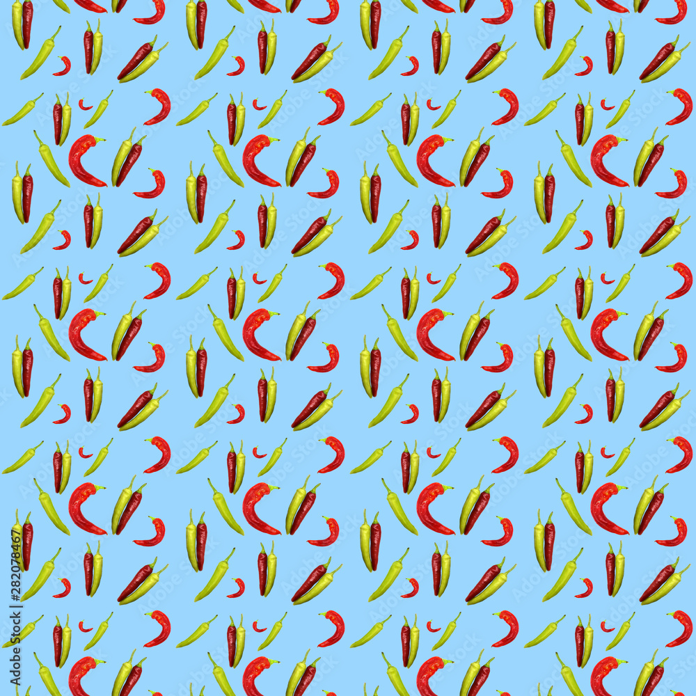 Seamless pattern red and green peppers on blue background. Illustration for Your Design, Wrapping Paper, Web, Wallpaper, Fabric