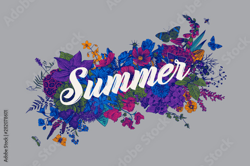 Summer. Decorative floral element. Garden flowers. Vintage vector botanical illustration.