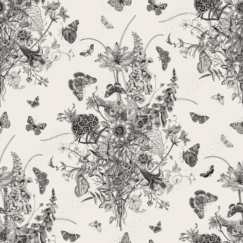 Butterfly wallpaper - Wall mural Seamless vector pattern with Victorian bouquet and butterflies. Garden flowers. Black and white