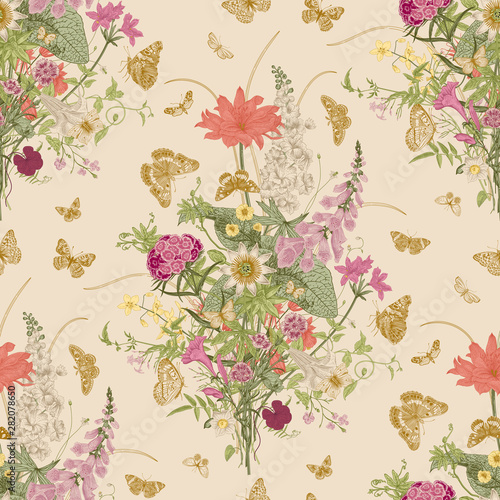 Seamless vector pattern with Victorian bouquet and gold butterflies. Garden flowers. Colorful
