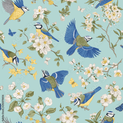 Seamless pattern. Classis vintage illustration. Blossom garden with tits. Birds and flowers.