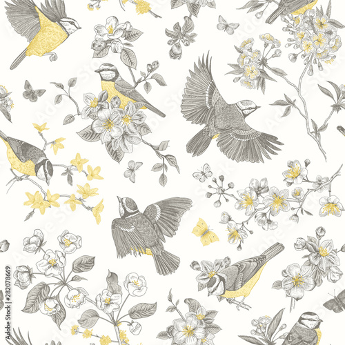 Seamless pattern. Classis vintage illustration. Blossom garden with tits. Birds and flowers. Yellow and gray