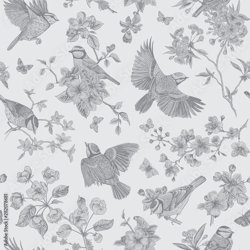 Seamless pattern. Classis vintage illustration. Blossom garden with tits. Birds and flowers. Toile de Jouy