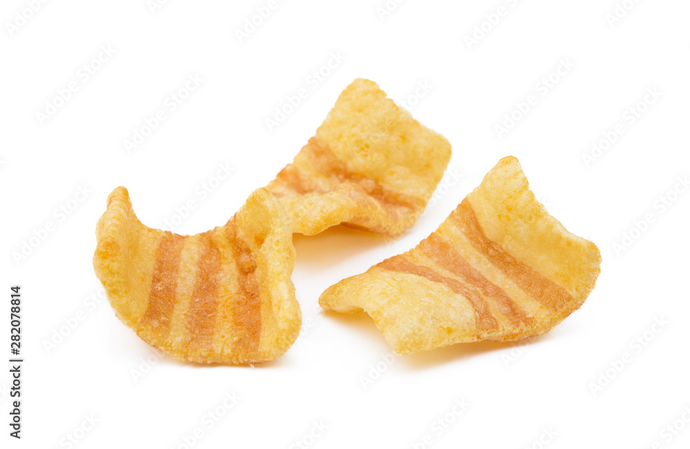 Fried wheat-potato snack with smoked bacon flavor isolated on white background Fried wheat-potato snack with smoked bacon flavor isolated on white background