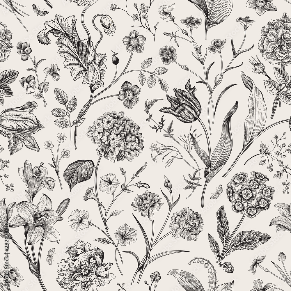 Fototapeta Seamless vector vintage floral pattern. Classic illustration. Black and white..