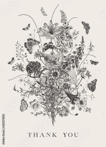 Vintage vector card with Victorian bouquet and butterflies. Garden flowers. Black and white. Thank you