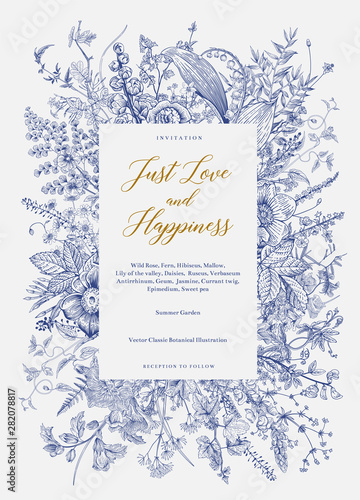 Summer garden. Wedding invitation. Vintage vector botanical illustration. Blue and white