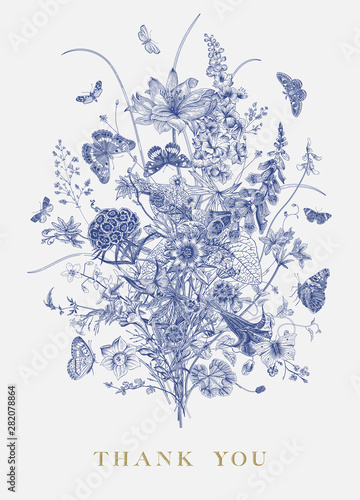 Victorian bouquet and butterflies. Garden flowers. Toile de Jouy