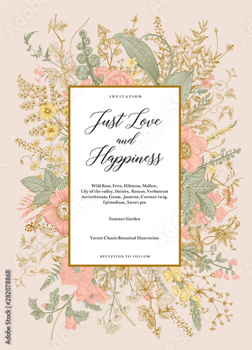 Summer garden. Wedding invitation. Vintage vector botanical illustration. Coral and gold