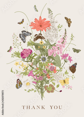 Vintage vector card with Victorian bouquet and butterflies. Garden flowers. Colorful. Thank you