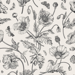 Stickers Vintage bloemen patronen Vintage klaprozen met vlinders zwart-wit  © OlgaKorneeva