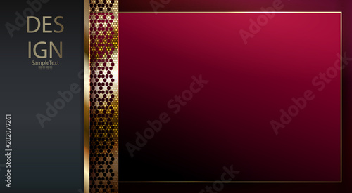 Abstract textural red background with curly frame in gold color