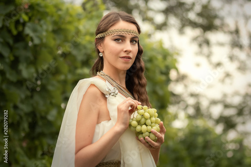 Young woman in tunic harvesting grapes photo