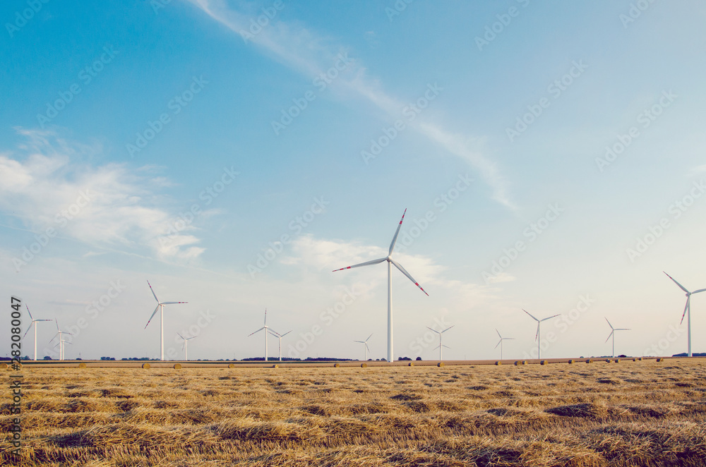 round sheaves of hay against the background of wind power plants round sheaves of hay against the background of wind power plants