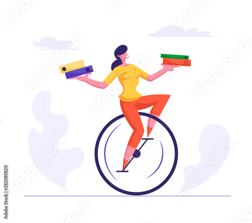 Business Woman Riding Monowheel Holding Piles of Paper Documents in Hands. Company Employee Loaded with Hard Work in Office. Businesswoman Carry Folders. Deadline Cartoon Flat Vector Illustration