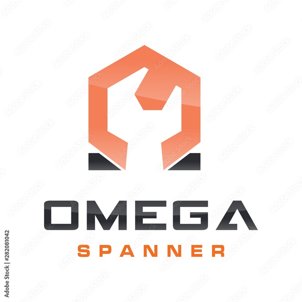 Simple vector logo spanner with Omega symbol Simple vector logo spanner with Omega symbol