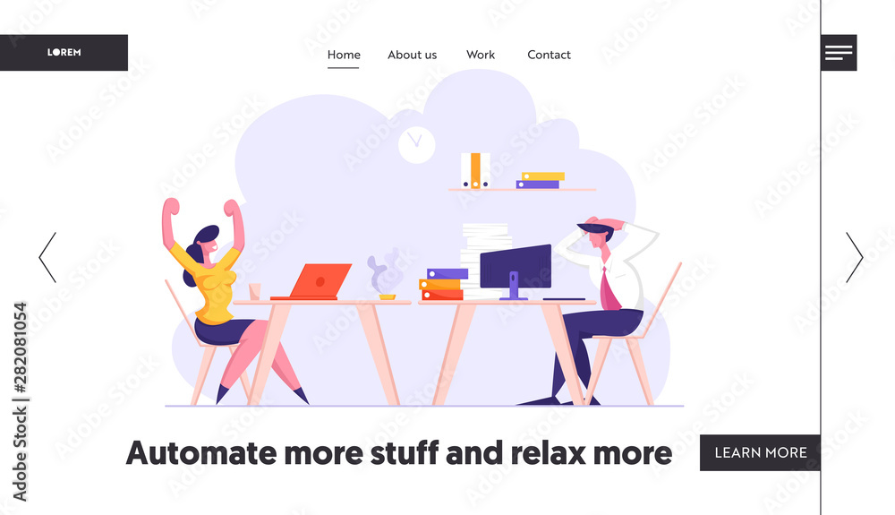 Deadline and Paper Bureaucracy Website Landing Page, Office Employees at Workplace, Happy Woman Rejoice Finishing Job, Overloaded Stressed Employee Web Page. Cartoon Flat Vector Illustration, Banner Deadline and Paper Bureaucracy Website Landing Page, Office Employees at Workplace, Happy Woman Rejoice Finishing Job, Overloaded Stressed Employee Web Page. Cartoon Flat Vector Illustration, Banner