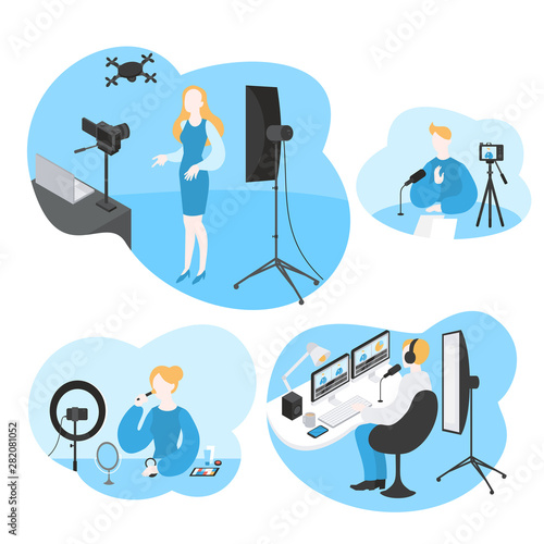 Professional digital software for video blogger. Cartoon influencer filming media content. Movie editing and sound production. Player recording stream. Make up tutorial and cosmetic review.