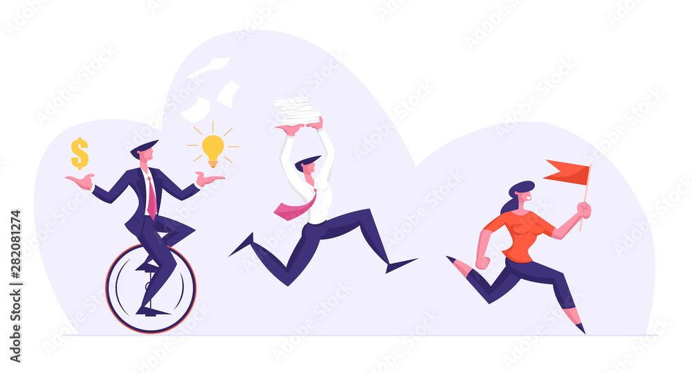 Business People Characters Running by Row Following Businesswoman Holding Red Flag in Hands. Leadership, Creative Idea Concept with Colleagues Chase Successful Leader. Cartoon Flat Vector Illustration