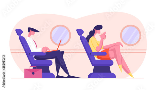 Young Business Man Sitting in Comfortable Airplane Seat and Working on Laptop, Woman Drinking Beverage. Passengers in Plane, Airline Transportation Service, Travel. Cartoon Flat Vector Illustration
